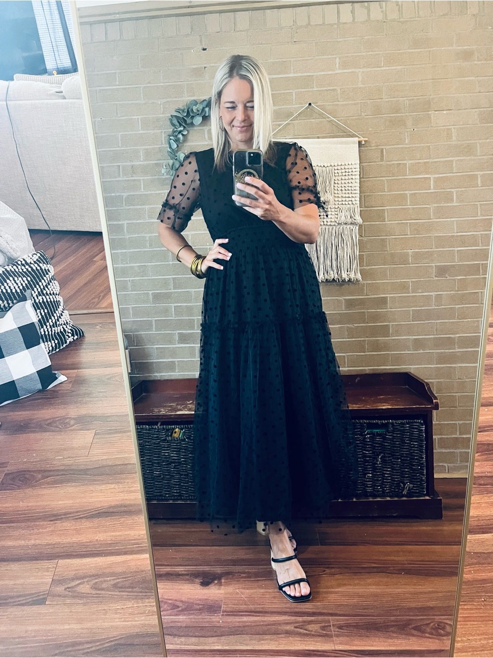 Black Polka Dot Mesh Maxi Dress with Smocked Waist